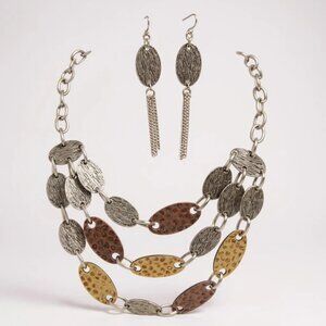 Three Layers Hammered Tri Tone Connected Oval Shape Necklace Earring Set